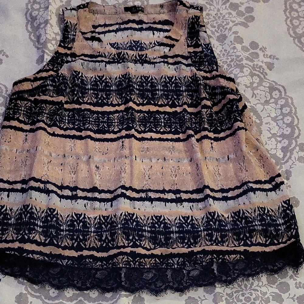 Sleeveless Patterned Top - Black Blue and Cream/Peach
